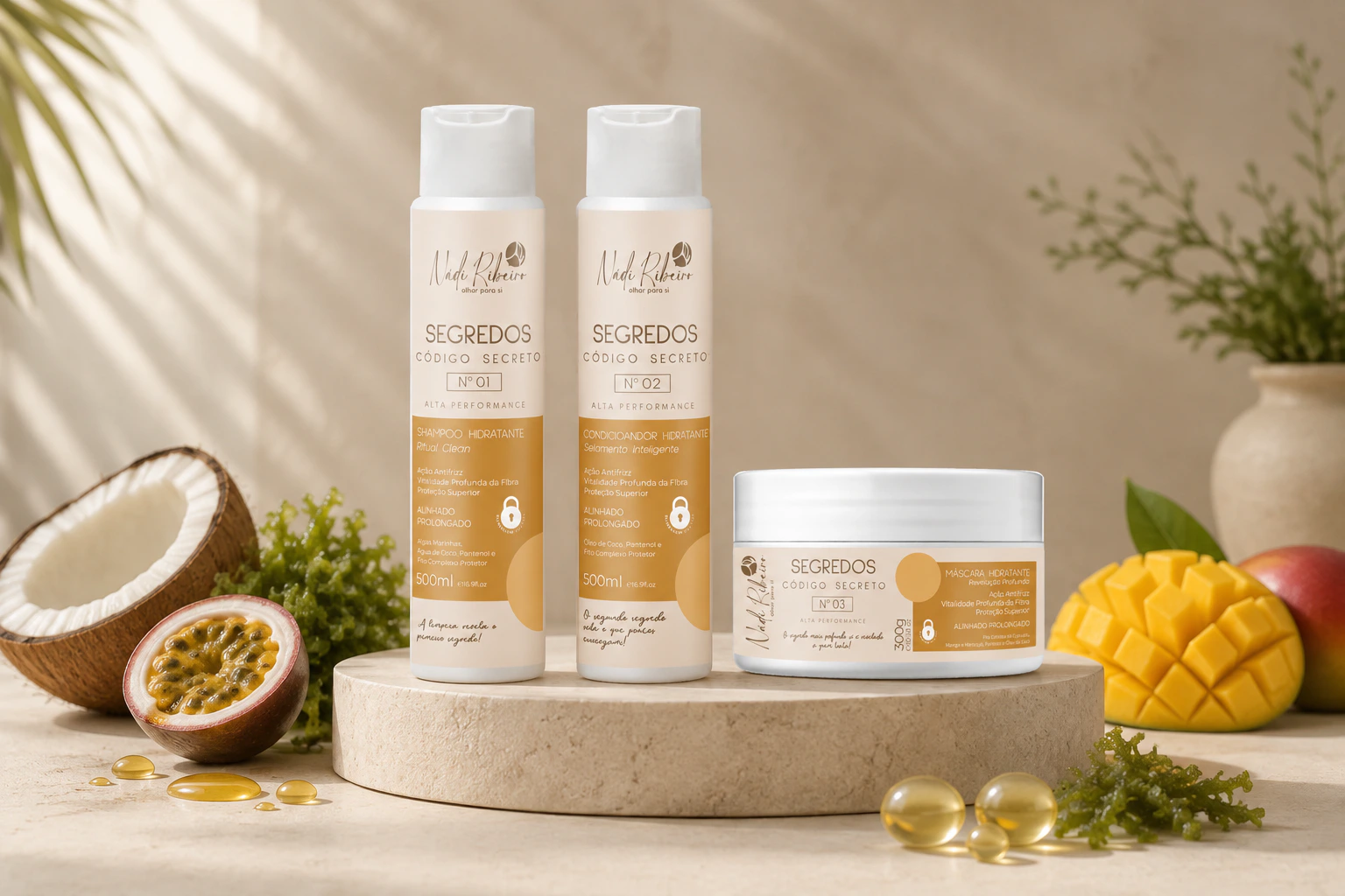 Shampoo, condicionador e máscara Código Secreto com seus ingredientes